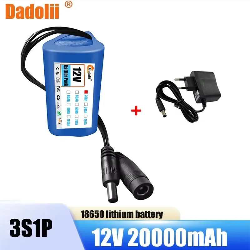 2024 New 12V battery 3S1P 12V 20Ah 18650 lithium-ion battery pack with BMS for backup power supply CCTV cameras+12V charger