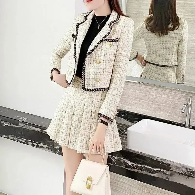 Summer Outfit Mini Woolen Cloth Suit with Skirt and Blazer Womens Short 2 Sets 2024 Long Sleeve Two Piece Set for Women Festival