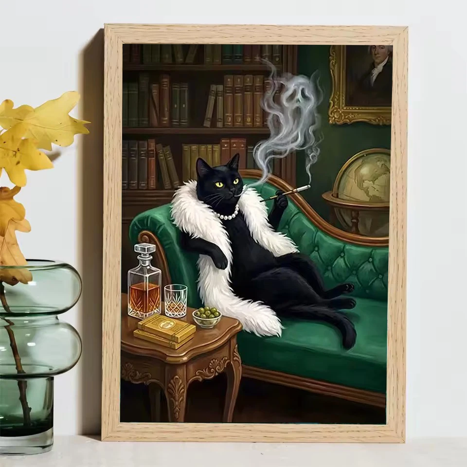 Nordic Wall Art 5D DIY Diamond Painting Classy Black Cat and Cigarette Full Diamond Mosaic Embroidery Kit Home Decor Craft
