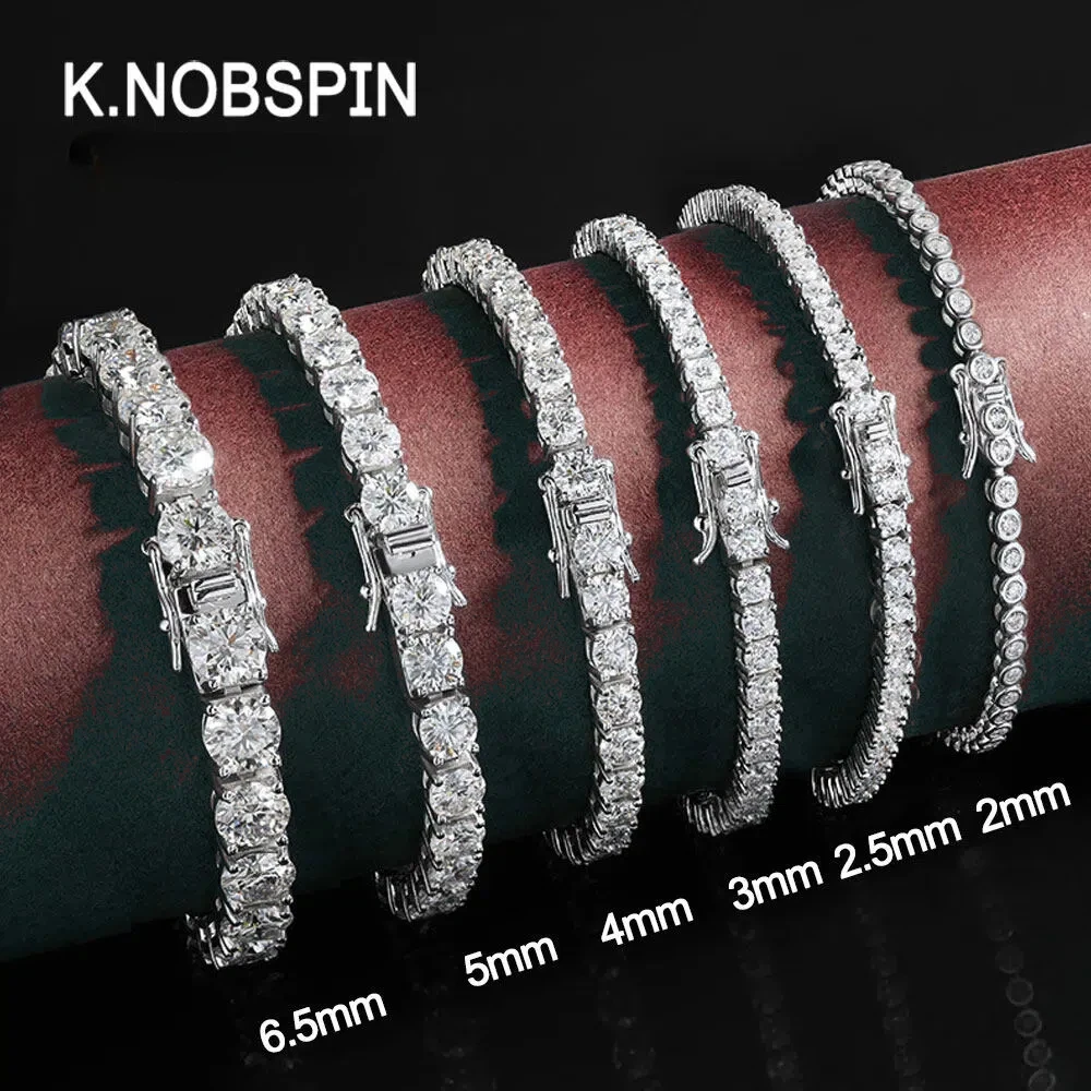 For KNOBSPIN 2mm Moissanite Tennis Bracelet 925 Sterling Silver Plated White Gold Bracelet for Women Man Sparkling Party Jewelry