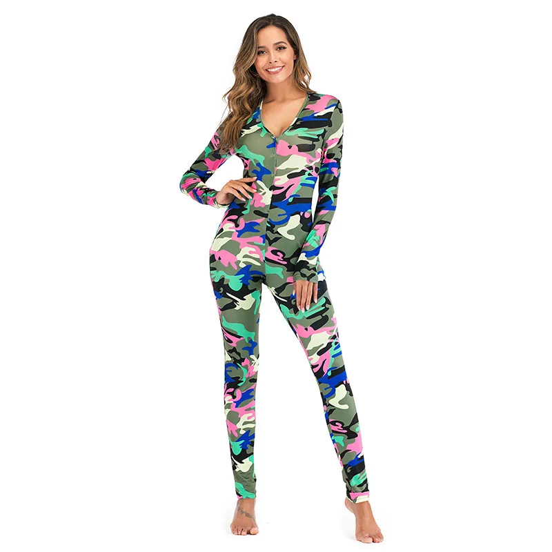 Momlover Deep V-neck Home Long Sleeve Playsuit Buttoned Flap Functional Onesies Warm Pajamas Jumpsuit Sleepwear Homewear