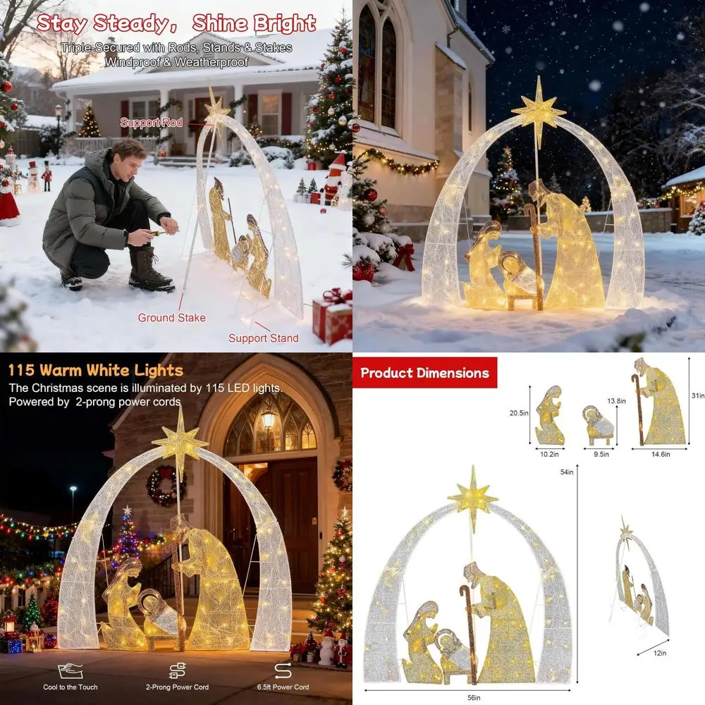 

115 LED Light 2D Outdoor Nativity Scene with Holy Family Christmas Yard Decoration, Stakes & Ties Included