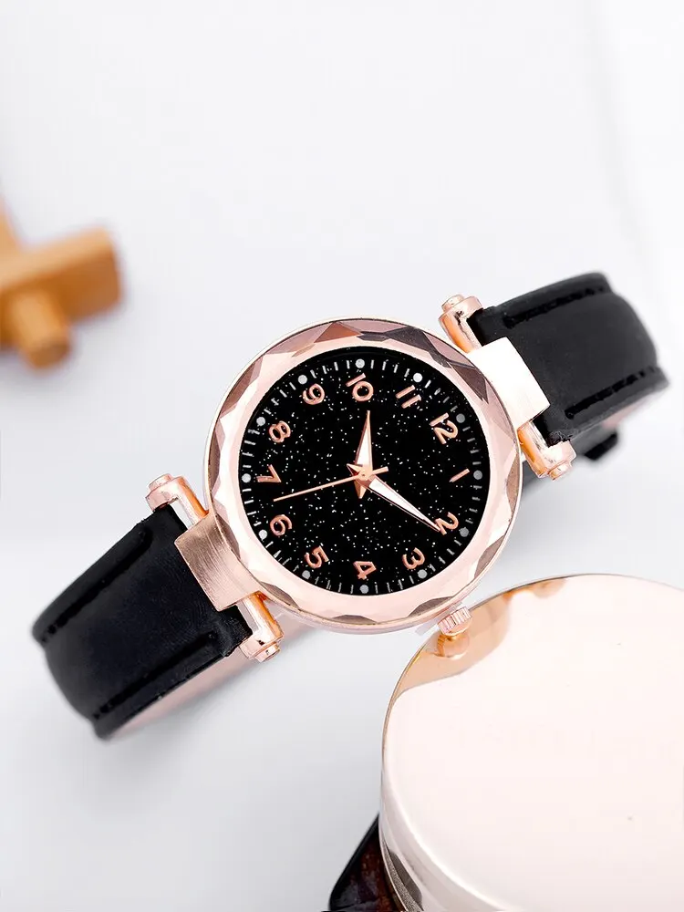 5pcs Women\'s Starry Sky Digital Scale Black Belt Quartz Watch+Bracelet Combination Set