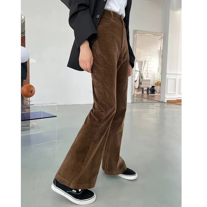 Spodnie damskie PBAP Retro Corduroy Solid Bootcut, dopasowane, elastyczne, długie spodnie z wysokim stanem, dzwony, eleganckie do biura, codzienne ubrania.