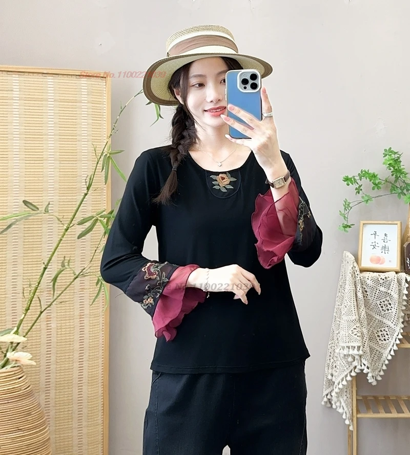 

2025 traditional chinese vintage folk shirt national flower embroidery retro hanfu shirt oriental hanfu tops chinese base shirt