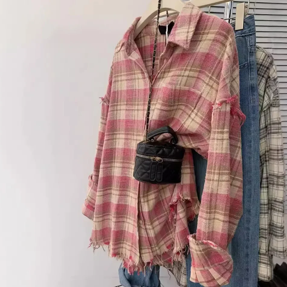 

Новинка 2025: Весенняя женская рубашка-жакет в американском винтажном стиле, розовая в клетку, с длинным рукавом, повседневный осенний стиль