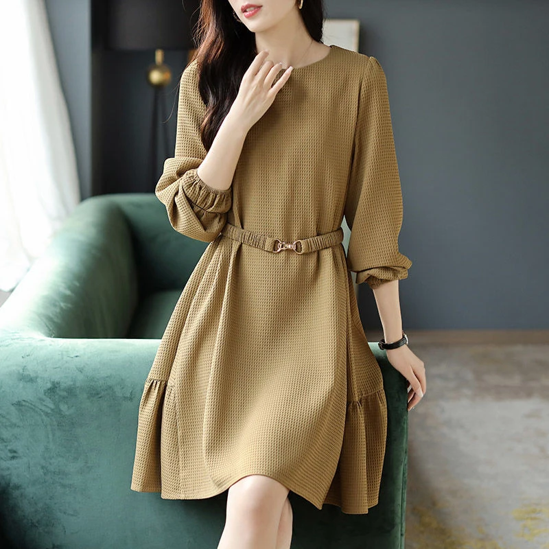 Autumn Winter New Solid Elegant Fashion Chic Dress Women Long Sleeve Waist Loose Casual Vestidos De Fiesta Aesthetic Robe Femme