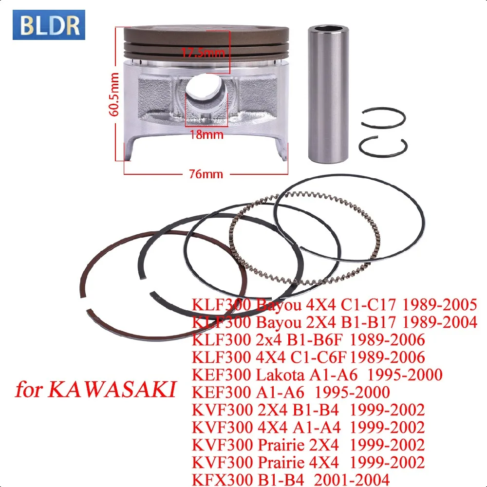 76mm Engine Cylinder Piston Rings for KAWASAKI QUAD KLF300 KLF 300 Bayou 1989-2005 KEF300 Lakota KVF300 Prairie KFX300