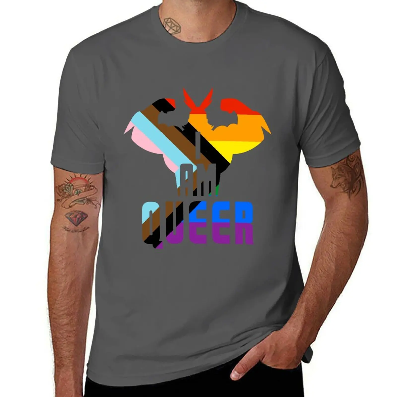 

I Am Queer! - All Might Progress Rainbow Pride Flag on White T-Shirt anime t shirts for man T-Shirt