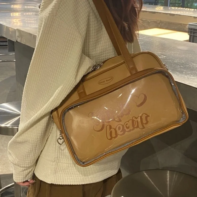 Letters Print Transparent Pu Leather  Ita Bags Streetwear All Match Women Handbags Casual Preppy Style Shoulder Underarm Bag