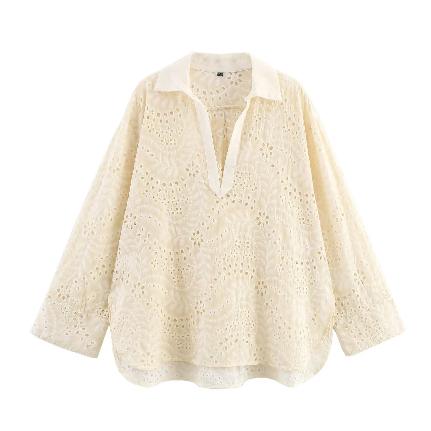 Women Hollow Out Embroidery V-Neck Long Sleeve Blouse&Elastic Waist Shorts Set Casual White Full Temperament Suit Ladies Outfit