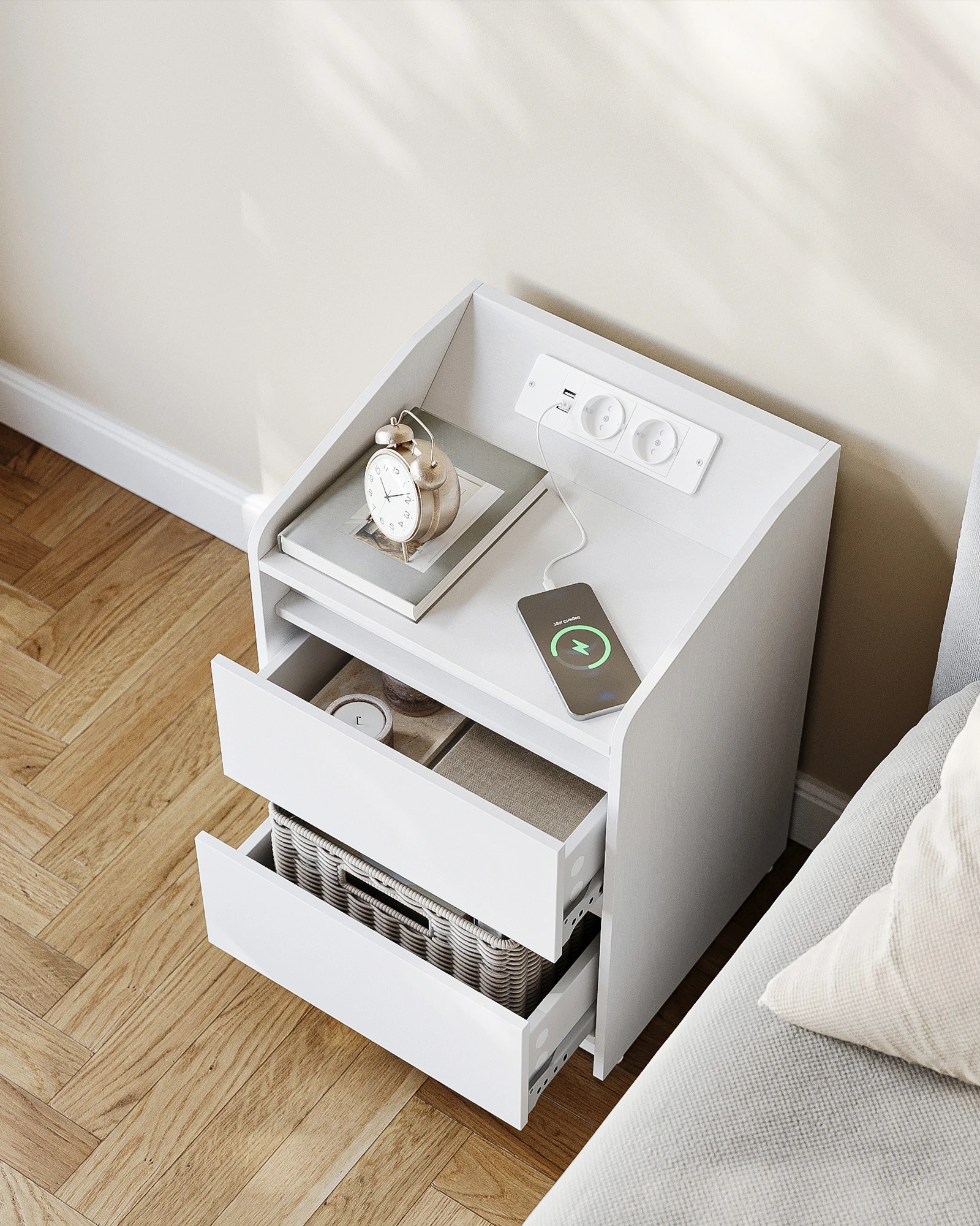 طاولة جانبية للسرير مع درجين، طاولة جانبية، أنيقة ومتعددة الاستخدامات، مثالية لغرفة المعيشة وغرفة النوم #2