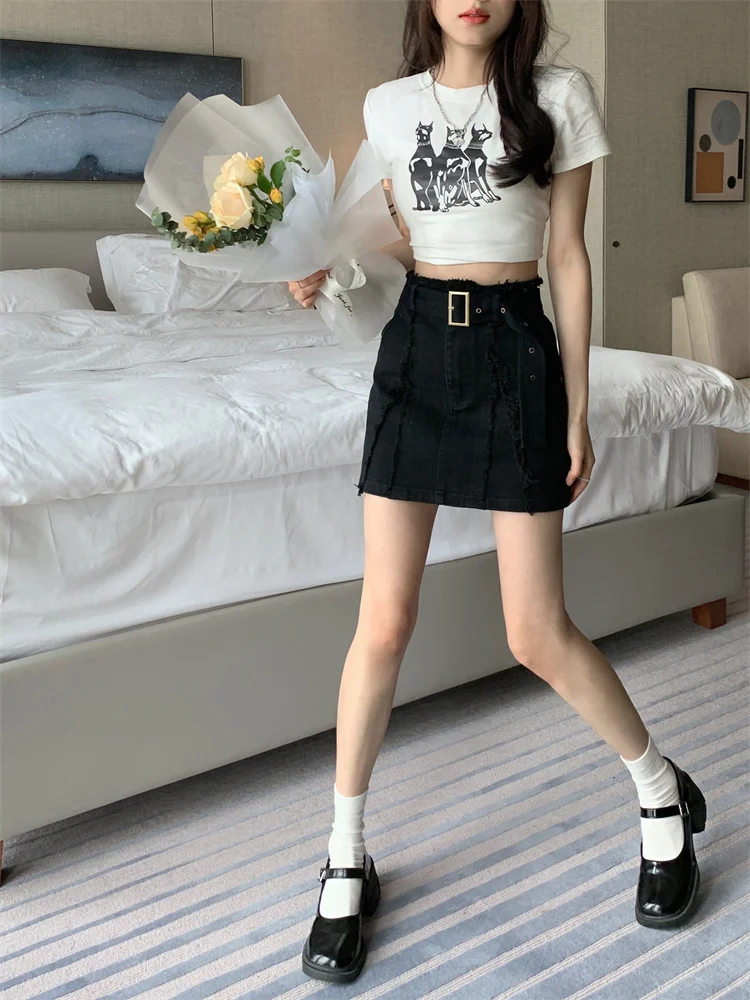 Summer Black Frayed Denim Short Skirt for Women High-Waisted with Belt A-Line Skirt That Covers the Hips Slimming Durable Good Quality view 6