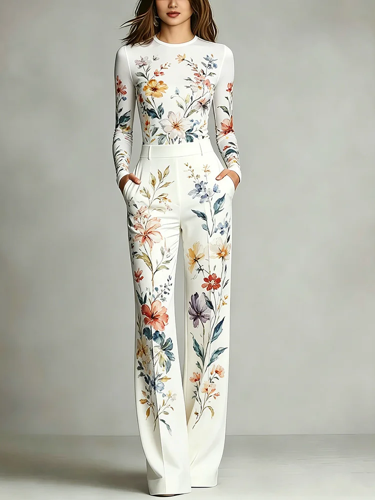 

Women's Fashion Print 2 Piece Outfit Long Sleeve Slim Top High Waist Pocket Wide Leg Pants For Business Office Casual Vacation