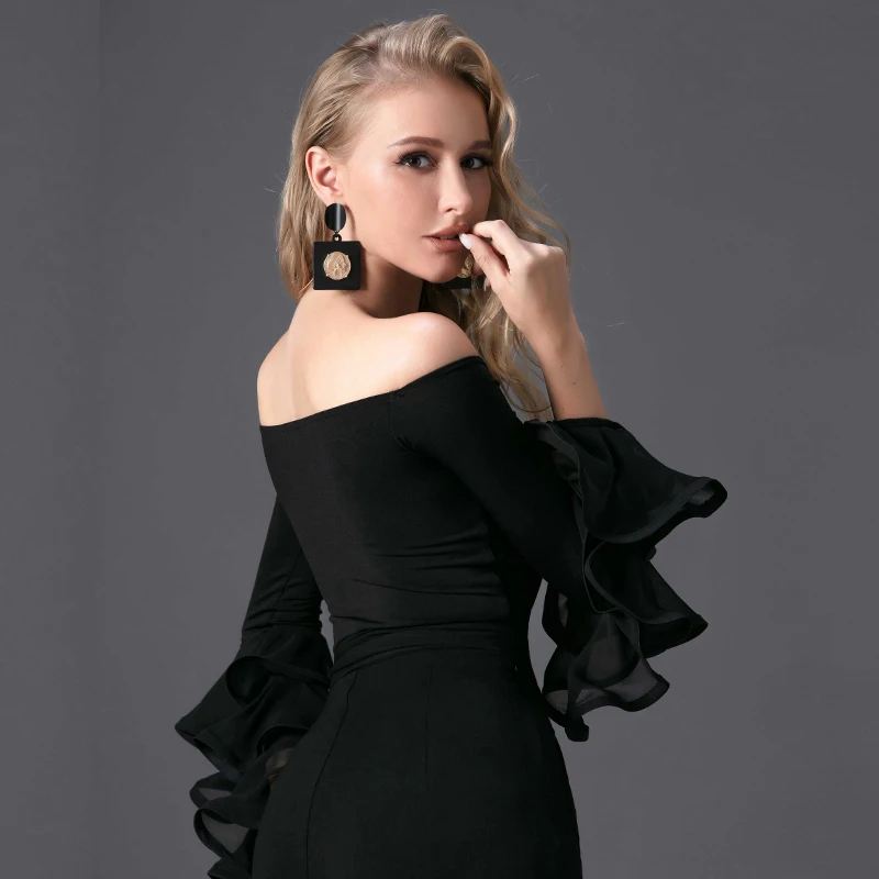 Fashion Black Ruffled Sleeved Latin Top Women Waltz Ballroom Dance Tops Adults Samba Rumba Latin Dance Competition Wear SL9656