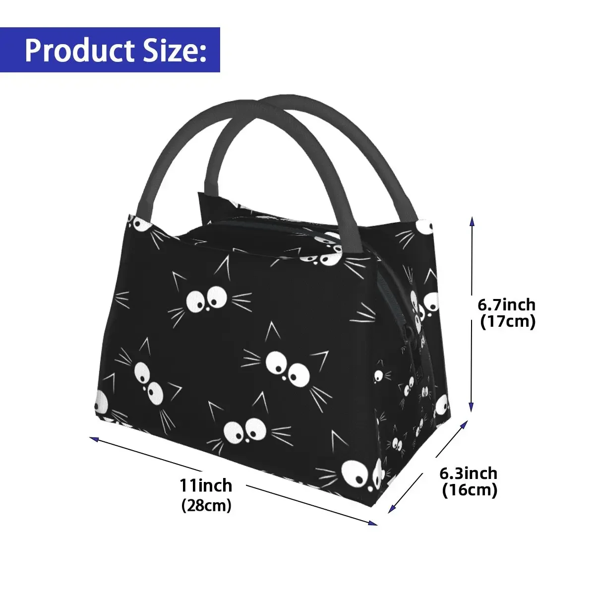 Cute Black Cat Pattern Lunch Bags Insulated Bento Box Leakproof Lunch Tote Picnic Bags Cooler Thermal Bag for Woman Girl Office