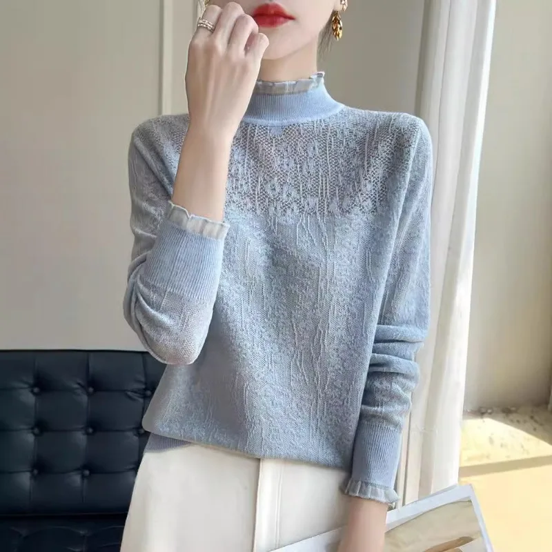 

Осень-зима, милые кружевные вязаные крючком французские пуловеры с длинными рукавами, вязаная нижняя рубашка для женщин, свитер с полуводолазкой, топ