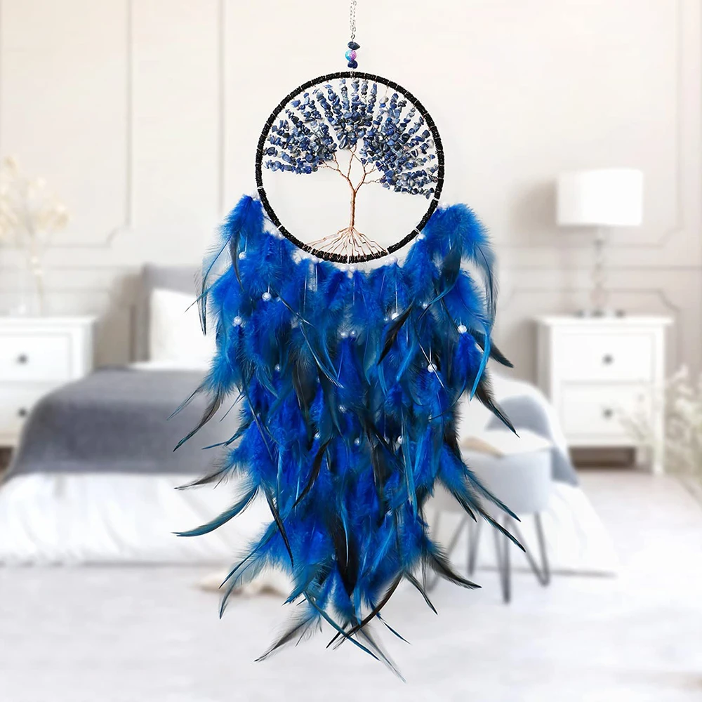 Tree of Life Large Dream Catcher Fairy Feathers with Natural Stone Healing Crystal Handmade Dreamcatcher Hanging Ornament Decor