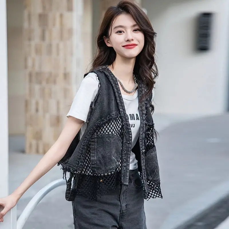 Women Denim Hollow Out Patchwork Short Vest New Big Size V-neck Sleeveless Loose Trendy Spring Summer Denim Tank Tops Streetwear