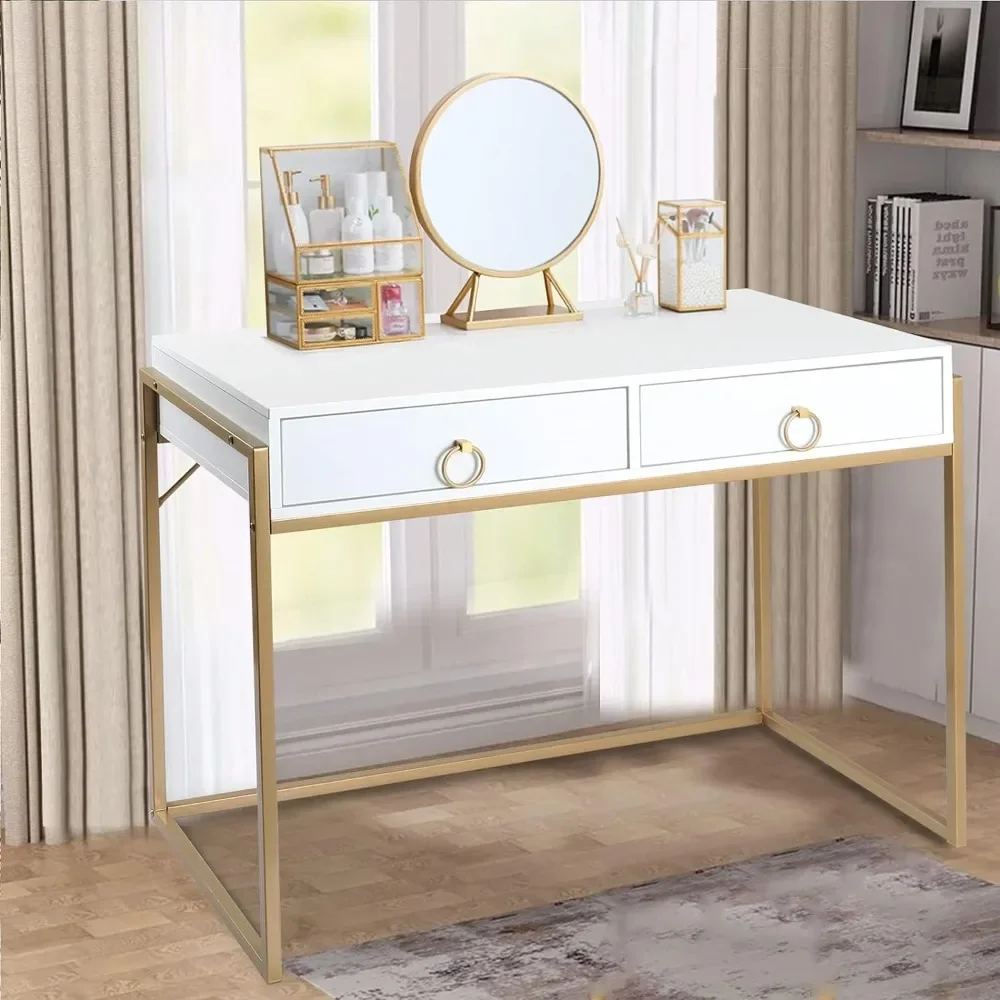 Anmytek Home Office Writing Desk 2 Drawers Storage, Contemporary Makeup Vanity Table Study Desk, W/Matte White and Gold Finish