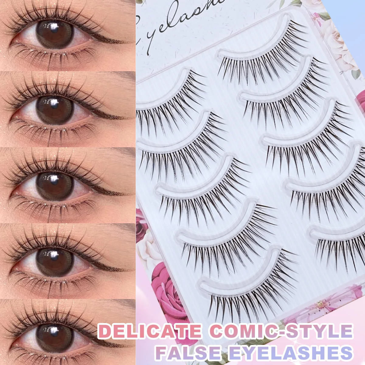 Attraktive 5-Paar falsche Wimpern: Schlanke natürliche Locken, Katzenaugen-Cartoon-Stil, transparentes Band, Vollstreifen-Wimpern, geeignet für den Alltag