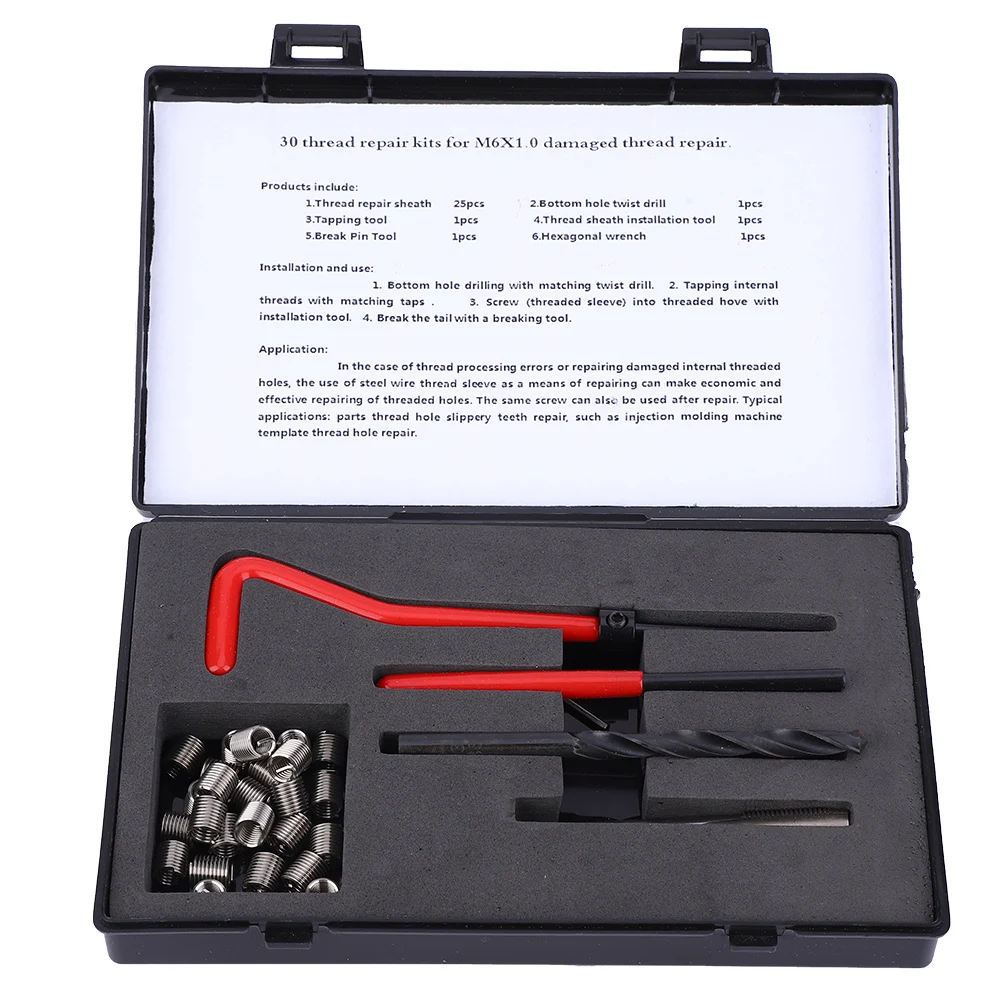 

ZK30 30Pcs Thread Repair Kit Stainless Steel Twisted Drill Wrench Threaded Insert Tap Insertion tool M6x1