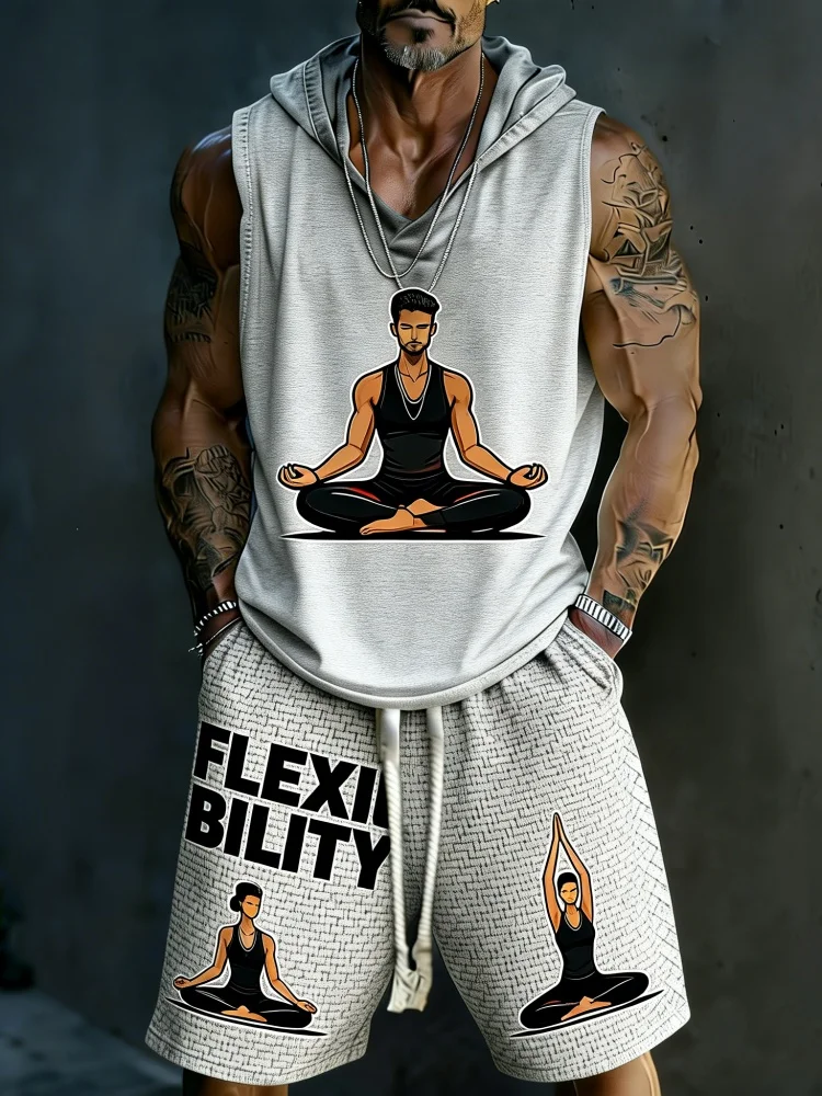 

Men's Sleeveless Hooded Tank & Shorts Set, Loose Comfort Yoga Meditation Print Activewear