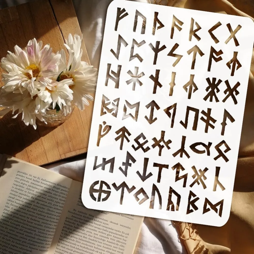 Viking Rune Painting Stencil 8.3x11.7inch Reusable Ancient Alphabet Stencil Viking Theme Rune Pattern Craft Stencil for Painting