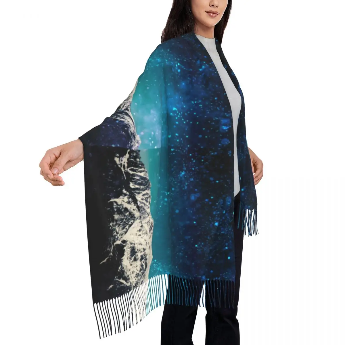 

Dreamy Starry Scarf Galaxy Mountain Warm Shawls and Wrap with Long Tassel Women Luxury Brand Scarves Wraps Winter Custom Bandana