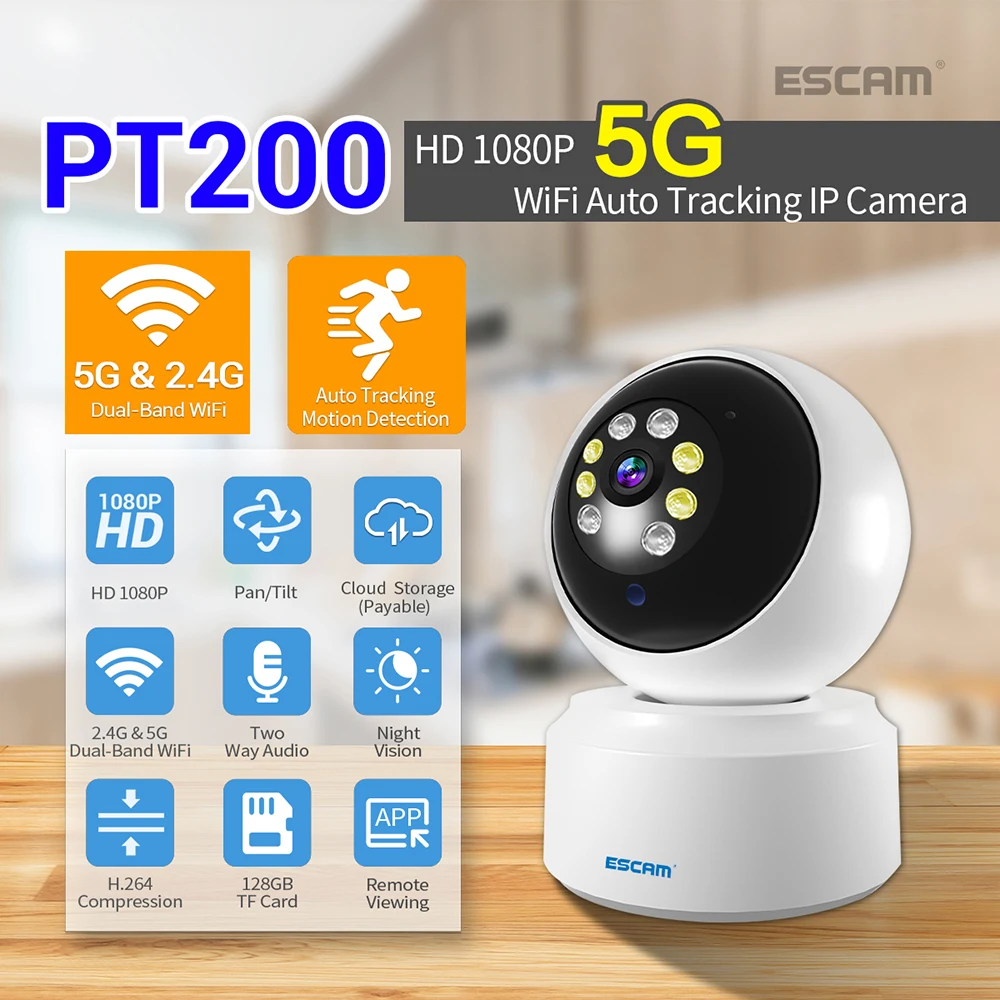 

ESCAM PT200 2,4G и 5G двухдиапазонный 2MP 1080P полноцветный AI гуманоид IP купольная камера 360 градусов PTZ автоматическое отслеживание домофон радионяня