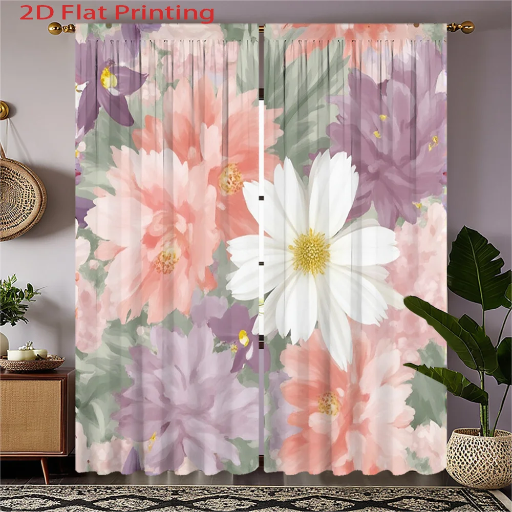 2pcs Floral Print Curtains - Soft Pastel Purple, Pink, White & Green Floral Design, Semi-Transparent Polyester Fabric, Rod Pocke