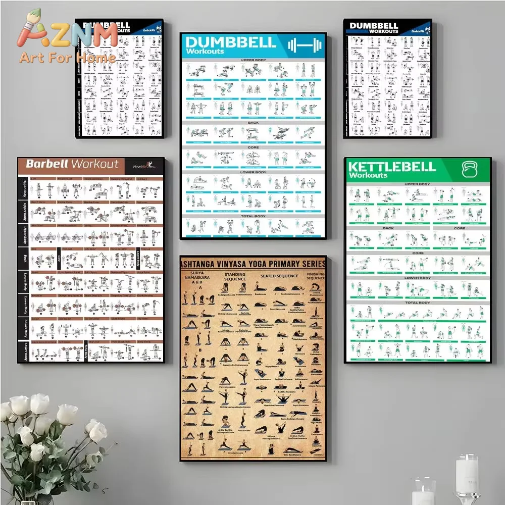 Gym Workout Guide Canvas Wall Art Dumbbell Barbell Kettlebell Exercise Chart Poster Fitness Training Print Gym Decor Unframed