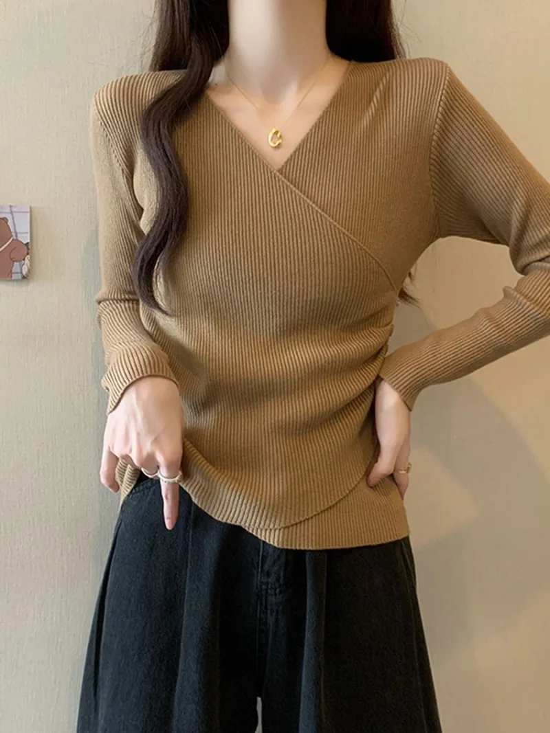 

Sweet Hot Girl Irregular Cross V-neck Sweater Women's Autumn and Winter Slim Fit Knitted Pullover Fashion Female Clothes