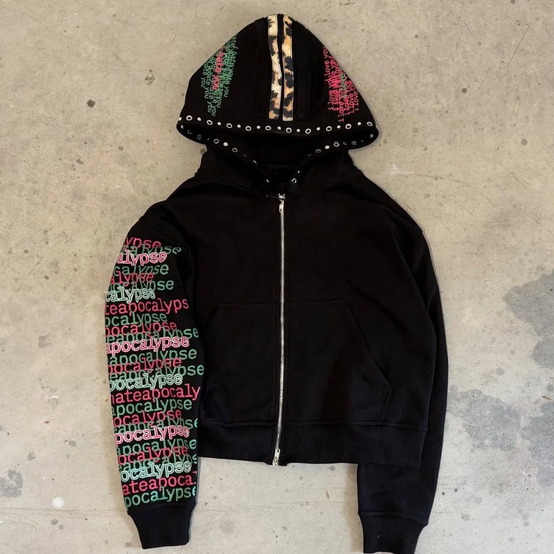 เสื้อฮู้ดลายเสือดาว Y2K แบบมีซิป สไตล์ลำลอง ทรงหลวม แฟชั่นสตรีทแวร์ เสื้อสเวตเชิ้ตพิมพ์ลายตัวอักษรสุดเทรนดี้