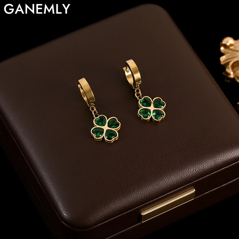 GANEMLY 316L Stainless Steel Green Clover Crystal Earrings For Women Fashion New Party Gift Ear Dangle Waterproof Jewelry Bijoux