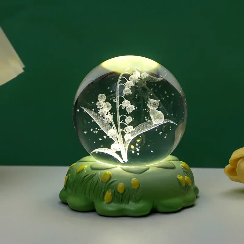 Luz nocturna de tulipán creativa para dormitorio, bola de cristal 3D, decoración luminosa de escritorio, regalo de cumpleaños