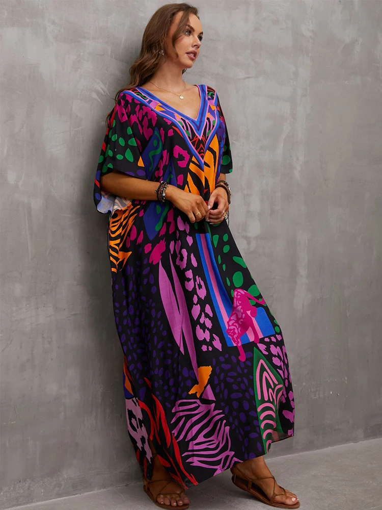 2024 Boho Purple Printed Loose Beach Dress Casual V-neck Batwing Sleeve Side Split Maxi Dresses Women Summer Clothing Q1464