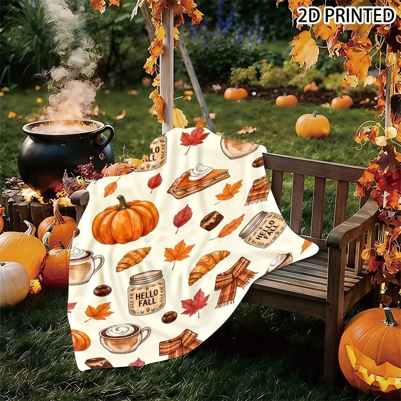 Whimsical Watercolor Autumn Themed Throw Blanket, Orange Pumpkin, Maple Leaf & Seasonal Food Print, Multiple Specifications Avai