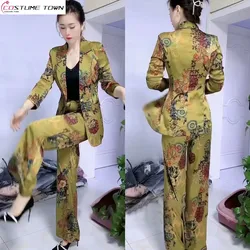 2023 frühjahr Neue Vintage Print Casual Jacke Breite Bein Hosen Zwei-stück Elegante Frauen Hosen Anzug Büro Manager Outfits