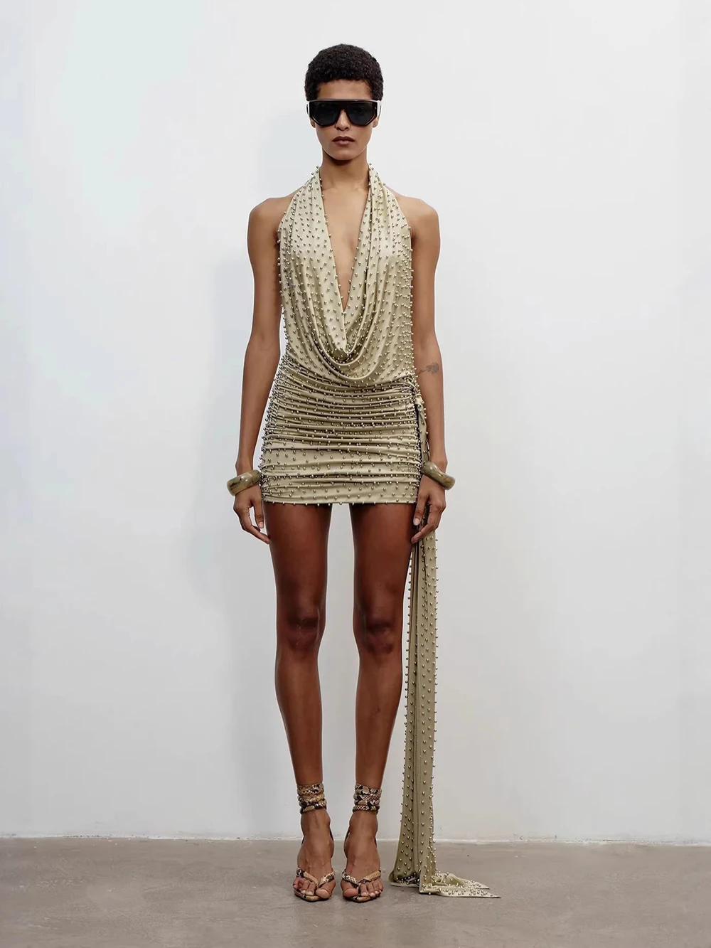Modphy Beaded Deep V Party Sexy Dresses Backless Bodycon Elegant Evening Mini Dress Women 2026 Summer Dress Vestidos