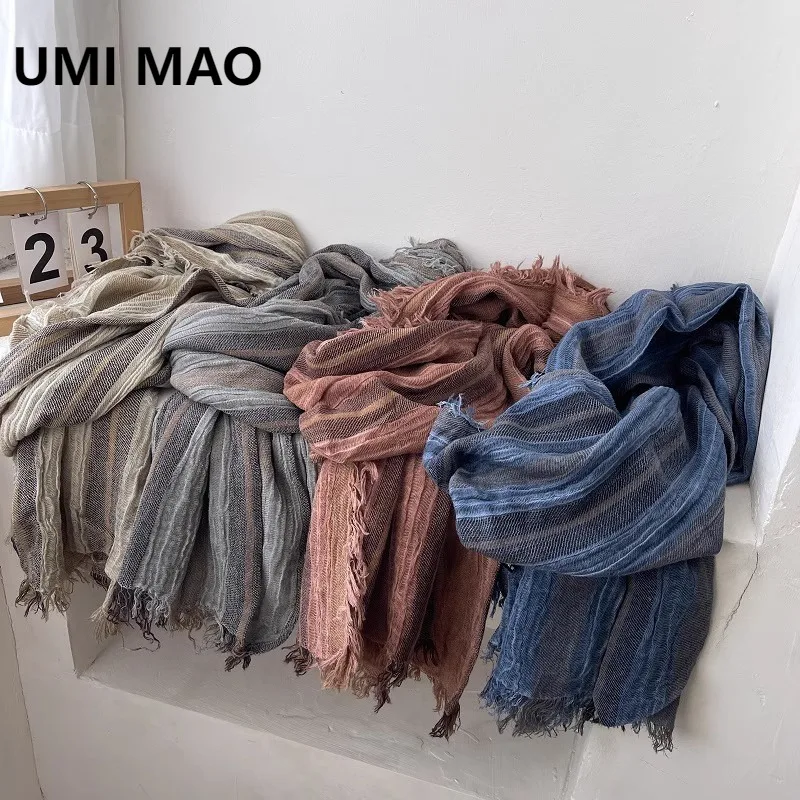 

UMI MAO головной платок, повязки на голову для женщин, хлопок, лен, шелк, унисекс, полосатый длинный короткий шарф с бородой, стиль Wasteland, осень-зима