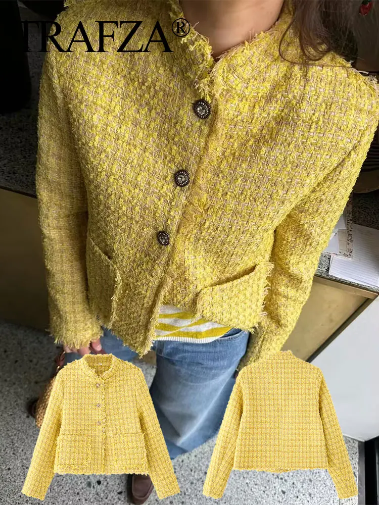 

TRAFZA Elegant Woman Yellow Coat Tassel Long Sleeve Single-breasted Jacket 2025 Autumn Lady Pockets Streetwear Women's Outerwear