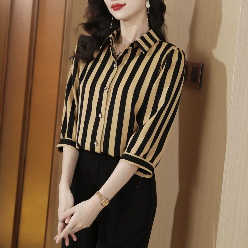Women Clothes Summer Fashion Elegant Simplicity Striped 3/4 Sleeve Shirts Women's Korean Office Lady Casual Temperament Tops