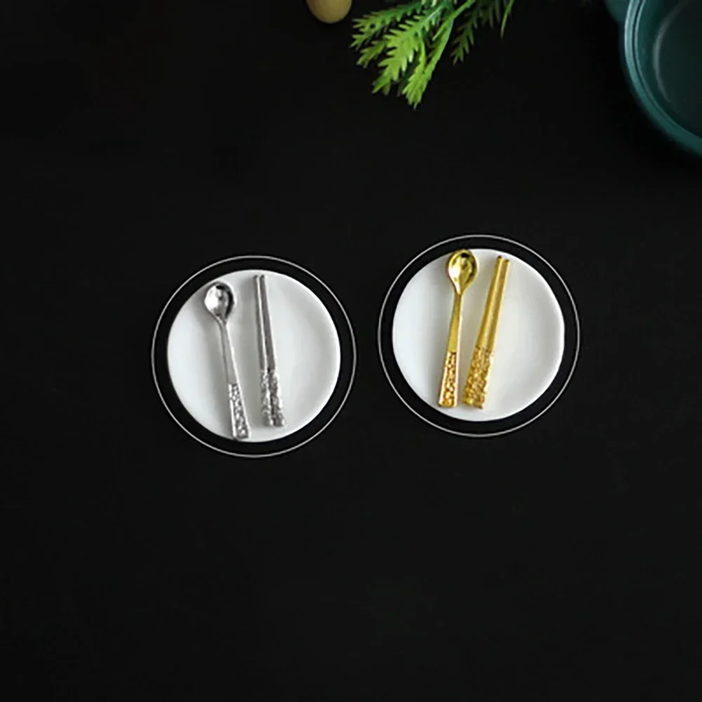 1/12 Doll House Miniature Alloy Chopsticks Spoon Dish Simulation Tableware Model Toys For Mini Decoration Dollhouse Accessories