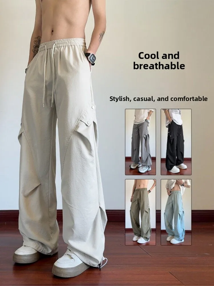 

American Sle Functional Workwear Pants Men Summer Thin Drapey Ice Silk Wide Leg Qui Dry Casual Trousers Trendy Brand