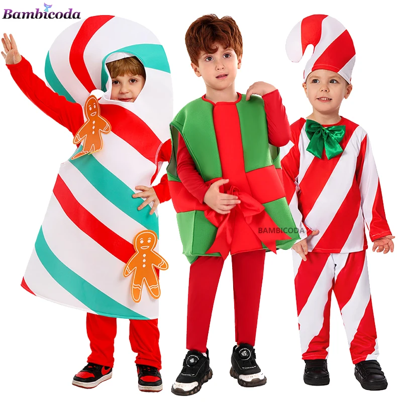 Christmas Costumes Children Candy Cane Cosplay Costume Boy Santa Claus Gift Box Clothes Holiday Party Stage Performance Costume