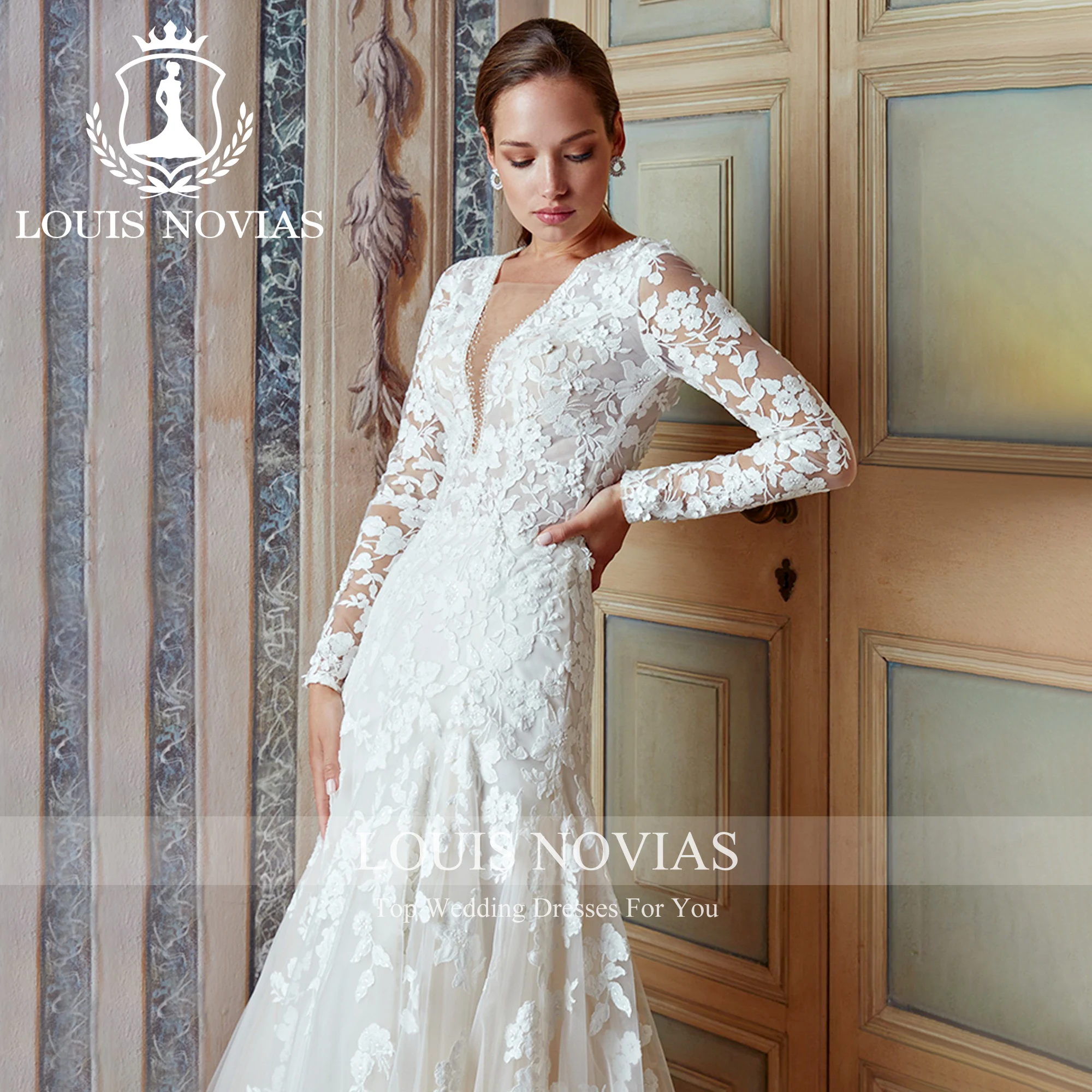 

LOUIS NOVIAS Mermaid Wedding Dress For Women V-neck Long Sleeve Sexy Appliques Court Train Pretty Wedding Gown Vestidos De Novia