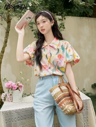 MISHOW Women's Printed Button Up Shirt 2024 Summer New Polo Neck Loose Short Sleeve Blouses French Retro Tops Women MXD28C0266