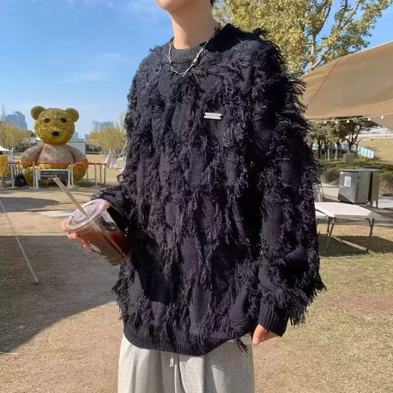 

Свободный мужской вязаный свитер круглого цвета, большой размер 300, винтажный зимний модный повседневный свитер с кисточками