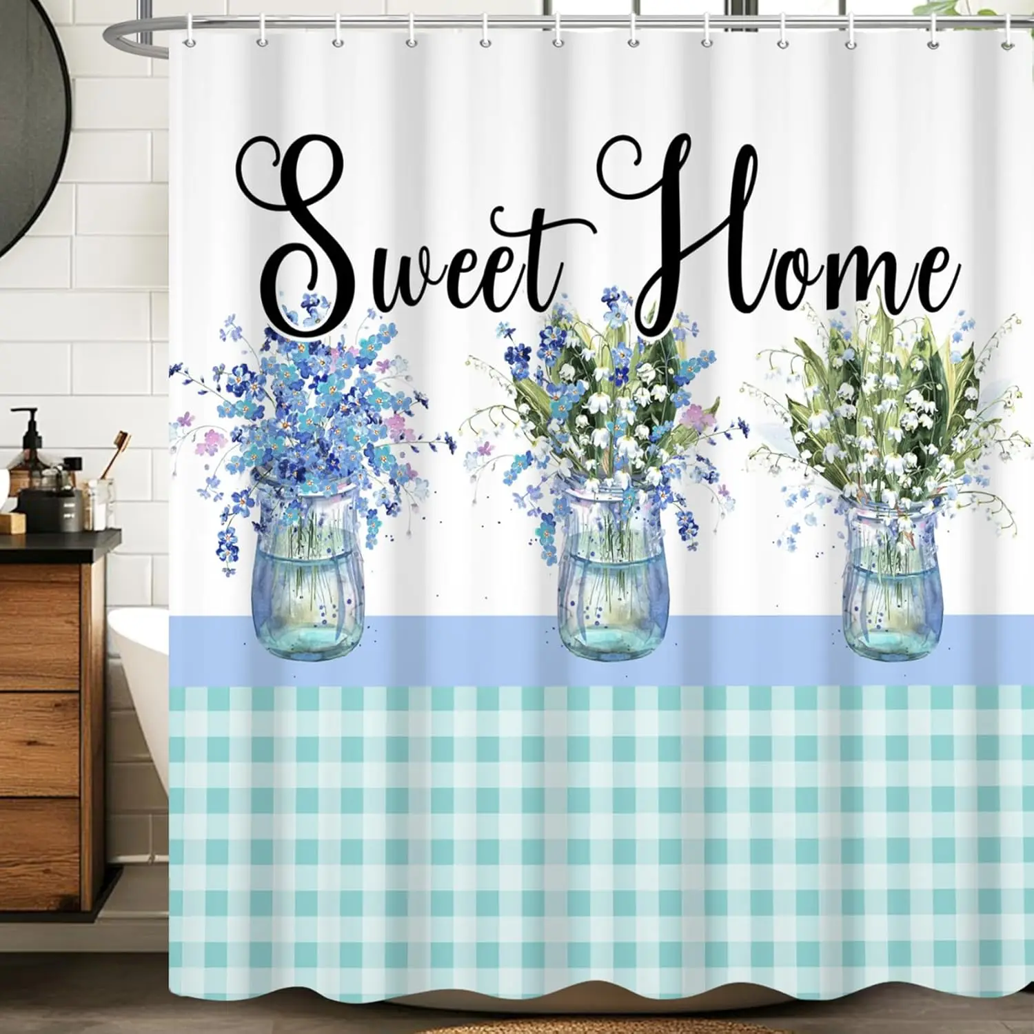 

Sweet Home Floral Vases with Blue Flowers Waterproof Decorative Shower Curtain for Farmhouse Bathroom Decor